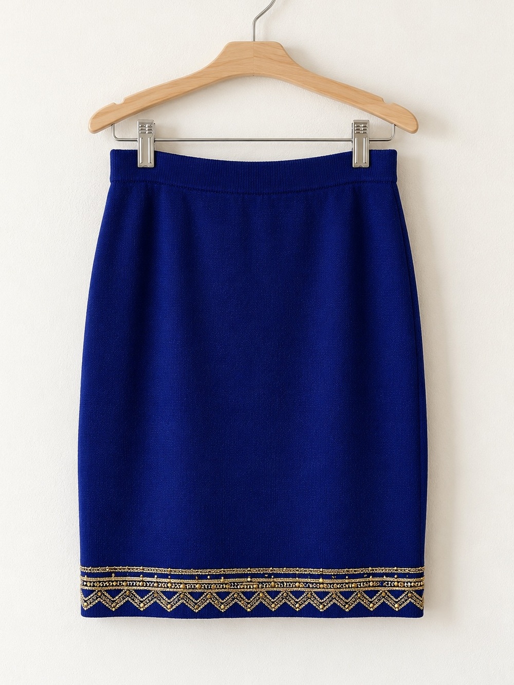 Vintage St John Evening Marie Gray Royal Blue Santana Knit Gold Pencil Skirt 10